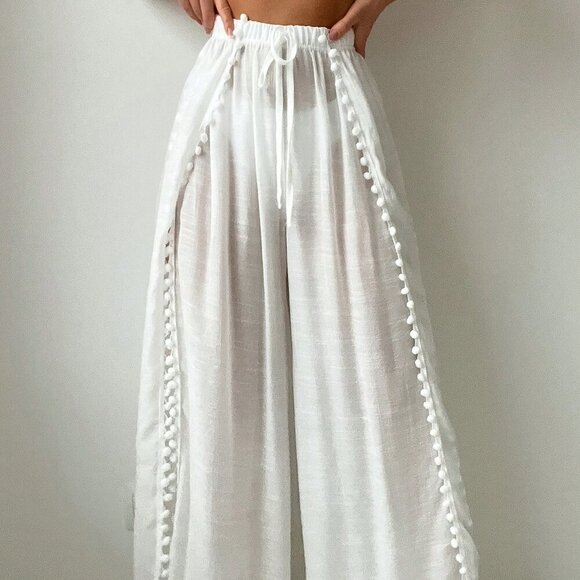 White Boho Women's Beachwear Pom-Pom Trim Tie Front Waist Splice Cover Up Pants - Picture 1 of 4